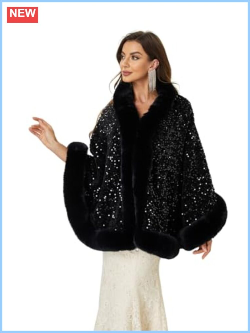 Faux Fur Sequins Shawl Wrap Cape Stole for Evening Party Prom